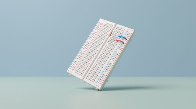 White solderless breadboard floating on pastel blue background, minimalist studio shot for electronics prototyping