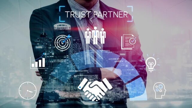 Business partnership concept with handshake symbol and digital icons illustrating trust, success, and collaboration in modern urban environment background Gluon.
