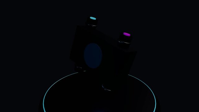 High-end 3D motion graphic featuring a modular hardline liquid cooling manifold with quick disconnect fittings and digital flow meter in a seamless loop.