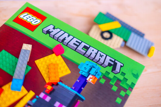 LEGO Minecraft box, multicolored plastic bricks, Colorful toy set, building blocks, development fine motor skills, play time, creative activity product detail, brand identity, creating something new