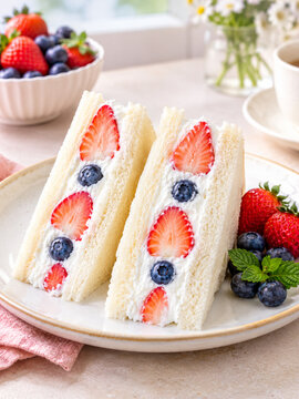 Japanese Fruit Sando Sandwich with Fresh Strawberries, Blueberries and Whipped Cream