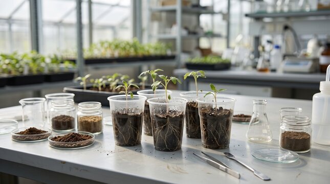 Young green tomato seedlings growing inside clear plastic cups placed on a laboratory table with various soil samples