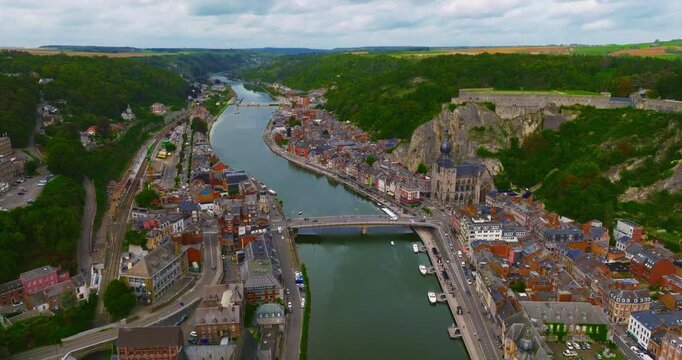 Aerial view of the beautiful, picturesque town of Dinant in Belgium, situated on the Meuse River between two cliffs