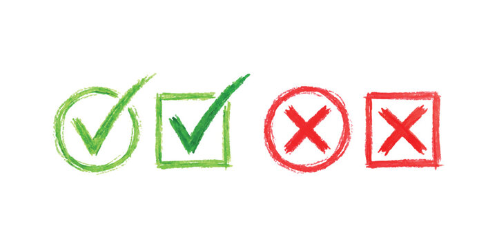 Hand drawn green check marks and red cross symbols in circles and squares
