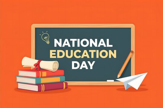 National education day concept with blackboard, books, and educational symbols