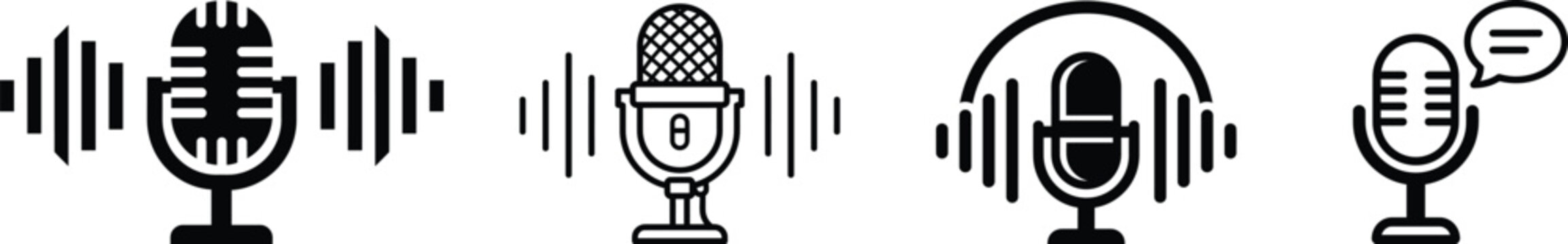 Set of microphone and audio recording icons with broadcast interview communication performance equipment entertainment