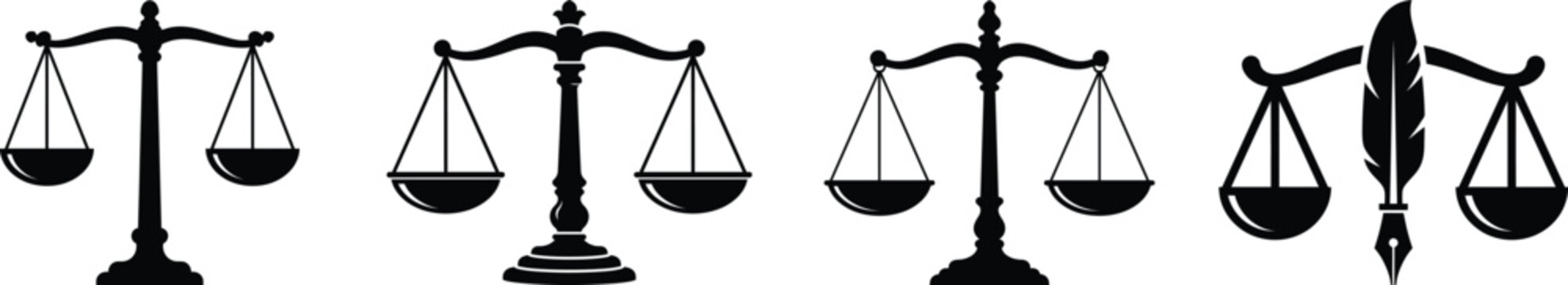 Collection of law scales and justice symbols with judgment equality attorney fairness decision authority government