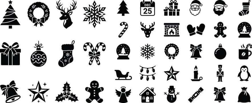 Collection of decorative christmas holiday icons featuring festive symbols on white background celebration decoration ornament snowflake reindeer