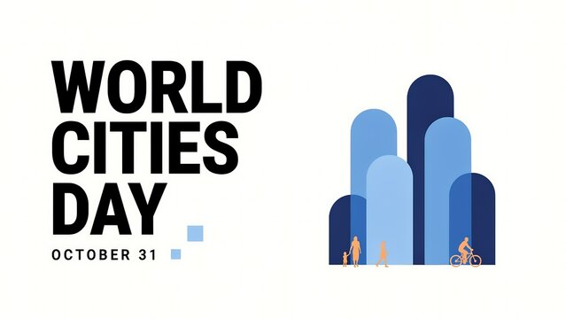 World cities day on october 31 vector banner with abstract buildings and people isolated on white background