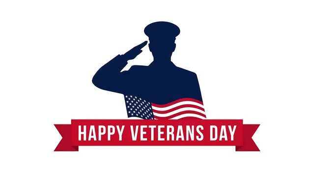 Happy veterans day with soldier silhouette saluting american flag and red ribbon banner