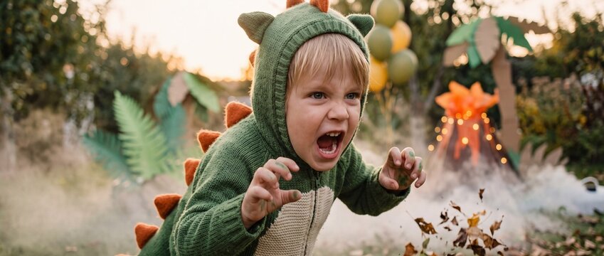 Little boy in a green dinosaur costume roaring playfully in an autumn garden