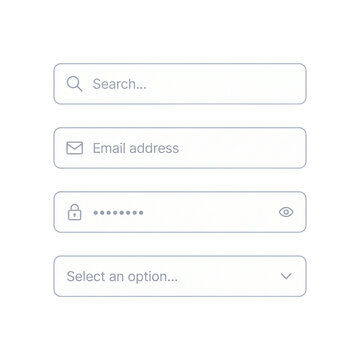 Set of clean and modern user interface input fields including a search bar, email input, password field, and dropdown selection menu for web design