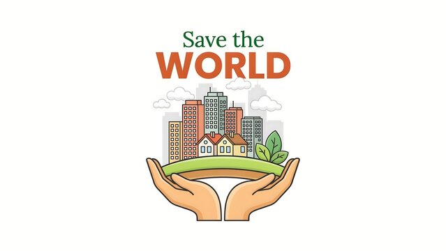 Save the world concept banner with hands holding a city and green environment