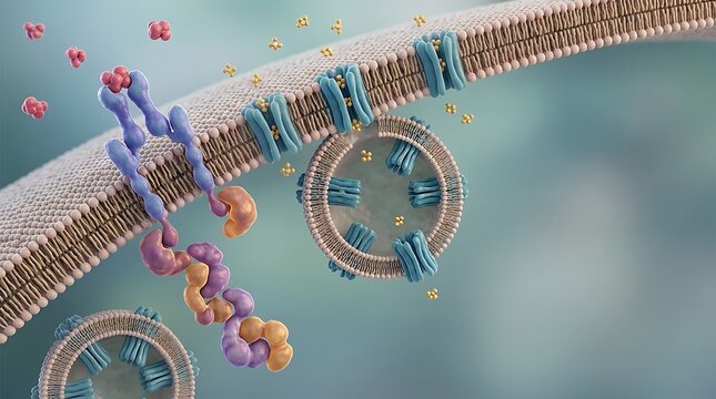 Detailed microscopic view of biological cell membrane transport and receptor proteins
