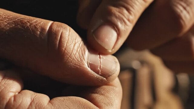 Hands gently inspect cracked thumbnail under warm light. Close up fingers press and turn skin, revealing dry texture and small split on nail in intimate grooming detail, with visible cuticle