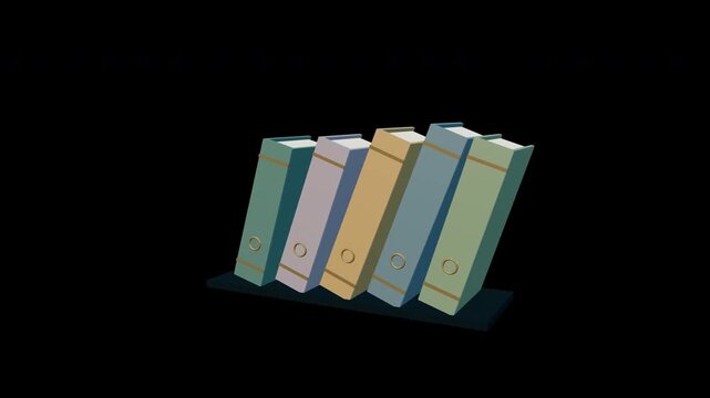 Five detailed books lean in a coordinated domino sequence and return upright in an eight second transparent seamless loop.