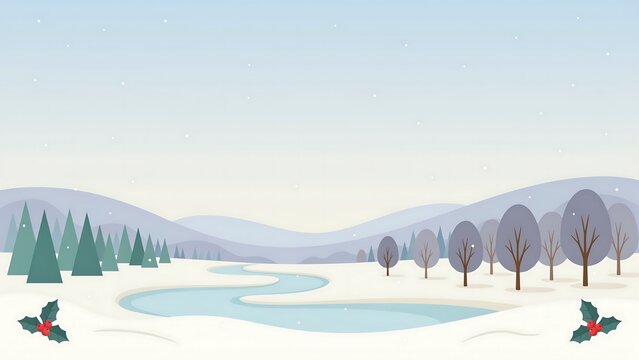 Serene snowy winter landscape with a winding river, trees, and decorative holly accents