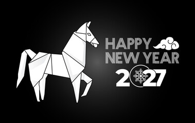 Origami horse papercraft style 2027 Happy New Year greeting card on dark background © MuhammadHasan
