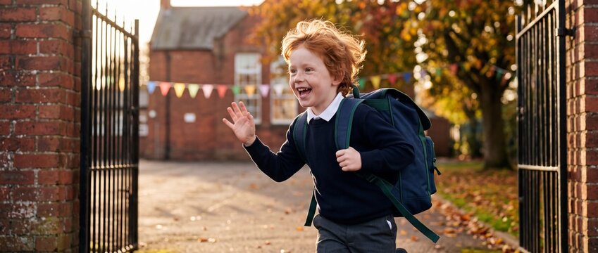 Excited redheaded boy running with backpack outside school gate waving hand