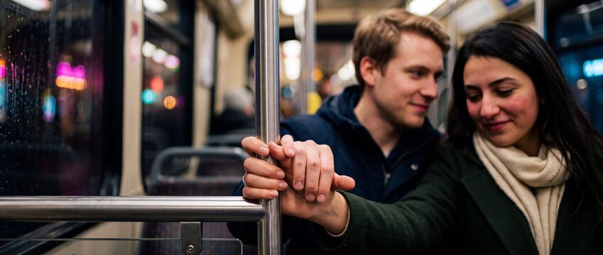 Smiling young couple holding hands affectionately while traveling on a public transit train at night