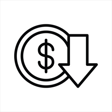 Financial decrease coin with dollar sign and falling down arrow outline icon vector illustration   
