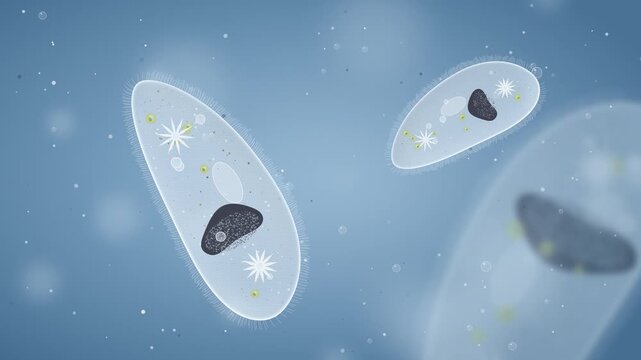 Paramecium Microorganisms Floating Under Microscope, Blue Background, Cilia and Nucleus, Seamless Loop 4K Animation