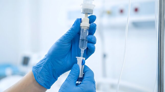 close-up of a nurse priming a sterile intravenous fluid administration set before treatment, blue nitrile-gloved hands checking the drip chamber, roller clamp, and transparent tubing