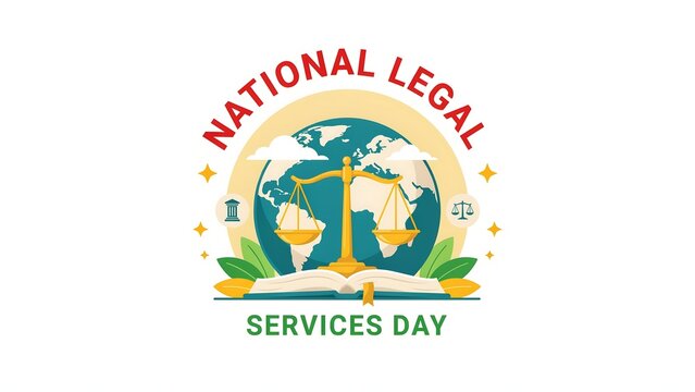 National legal services day with justice scales, globe, and open book illustration