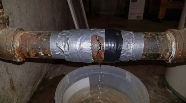 Leaking rusty metal pipe wrapped with duct tape shows crack dripping water into plastic bucket inside unfinished basement. Damaged plumbing pipeline requires emergency repair service.
