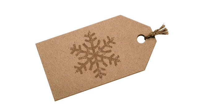 Brown paper gift tag with snowflake print isolated on transparent background as png file format