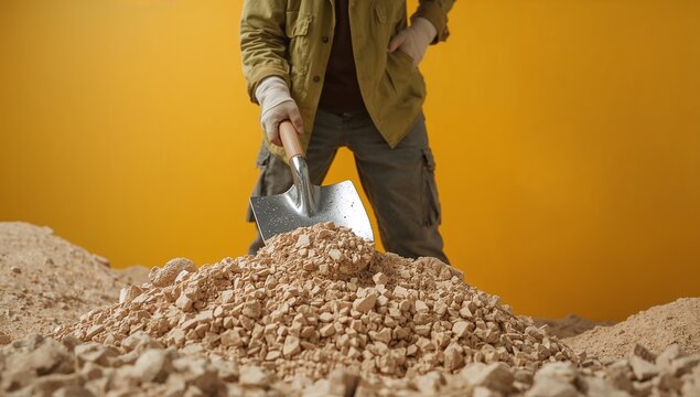 A person holding a shovel in front of a pile of dirt, ready to start digging