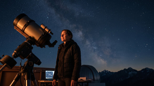 Astronomer observing star filled sky at night with telescope, feeling inspired and curious while studying galaxy in dark mountainous landscape