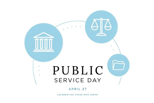 Public service day celebration with government, justice, and administration icons on white background