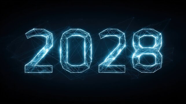 Futuristic glowing blue digital numbers display the year 2028 in a dark, abstract technological background. ..Created with Generative AI, not depicting real subjects.