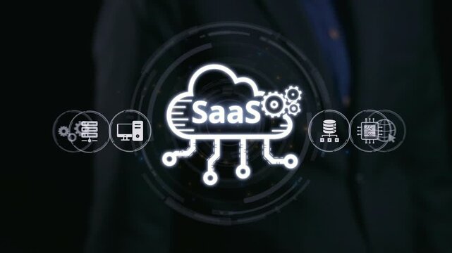 Visual representation of SaaS showing infrastructure, SaaS deployment, SaaS platform features, and SaaS integration model in digital environment. Elide