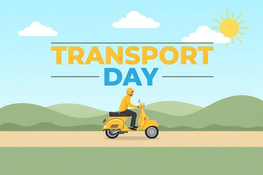 Transport day illustration with person riding a yellow scooter on a scenic road