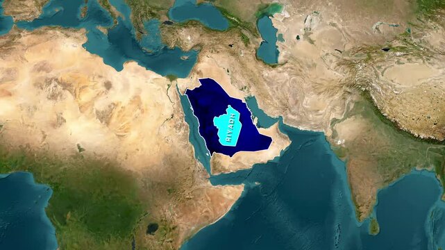 Satellite map highlighting Riyadh province within Saudi Arabia during dynamic geographical zoom in motion