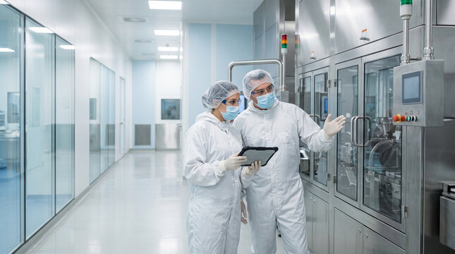 Professional scientist team inspecting pharmaceutical equipment and monitor with tablet computer in clean lab facility focus on production