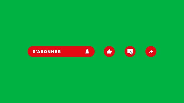 Animated cursor interacting sequentially with French subscribe channel like comment and share buttons featuring bell ring and icon bounce animations on green chroma key background with 70 percent cent