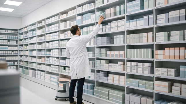 Pharmacist reaching for medicine, professional apothecary worker searching for prescription box, feeling focused and diligent in pharmacy