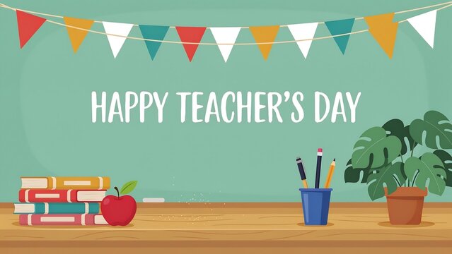 Happy teachers day classroom scene with blackboard, books, apple, and plant