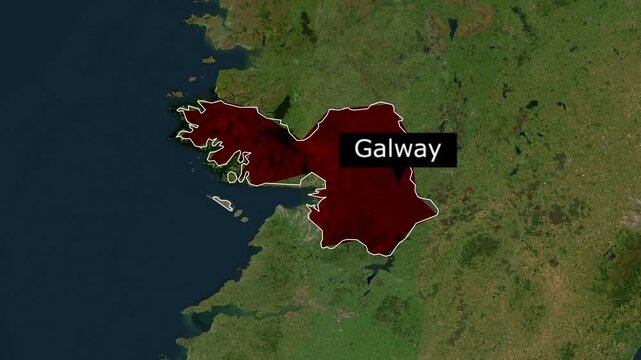 Satellite map of Ireland showing the highlighted county of Galway with location label tag
