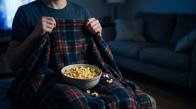 Man watching TV with popcorn and blanket