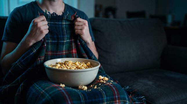 Person watching movie with popcorn and blanket