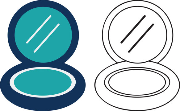 Open cosmetic powder compact mirror icons in color and outline