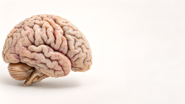 Dementia brain with cortical atrophy in a photorealistic 3D medical website banner with copy space and soft clinical lighting for neurology healthcare communication and patient education resources