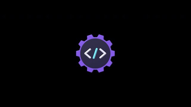 Dimensional blue gear spins, then its hub releases code brackets and a slash that form a developer symbol, then return into the gear, seamless loop.