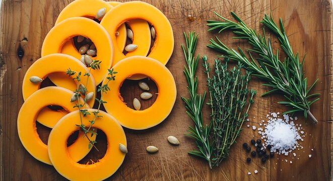 Fresh sliced butternut squash rings with green rosemary herbs and sea salt on a rustic wooden cutting board
