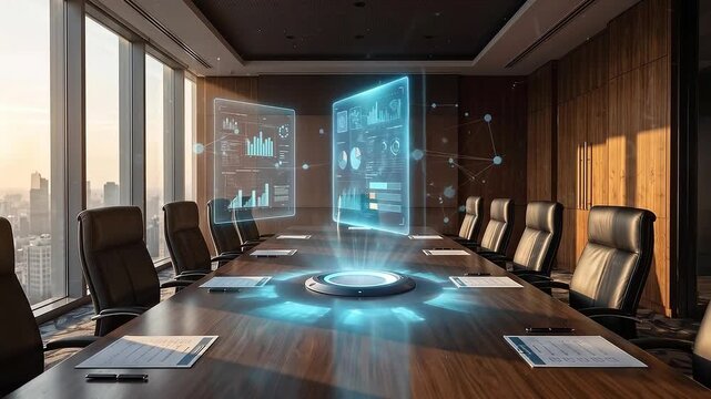 Holographic data analytics floating above conference table during AI business meeting in modern glass skyscraper office with panoramic windows and city skyline view.