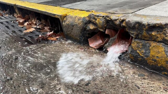 Water flowing from a curb drain pipe into a street grate covered with fallen autumn leaves in Buenos Aires, Argentina. Concept of urban infrastructure and rainy weather. 4k 60fps, High frame rate